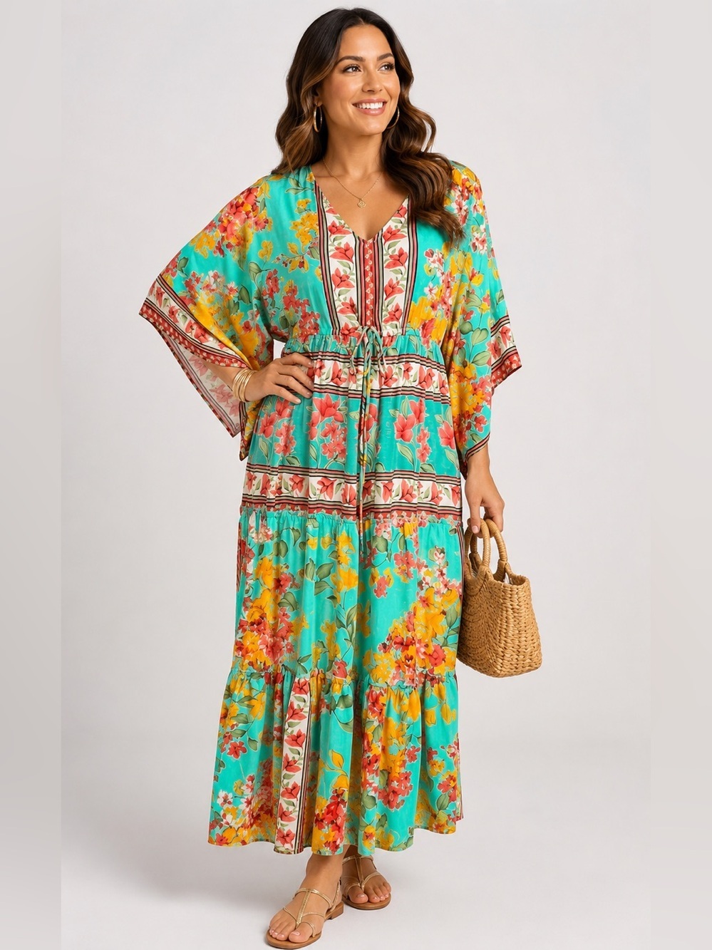 Me 2 Magic Dress Womens L Green Floral Boho Maxi Kimono Sleeves Lightweight